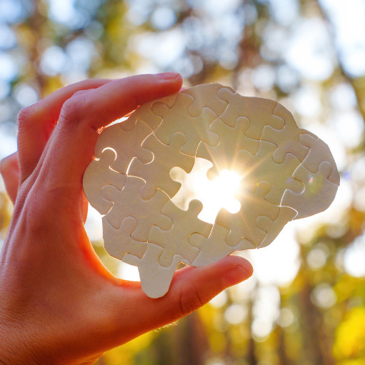 Hand hält ein herzförmiges Puzzle im Sonnenlicht
